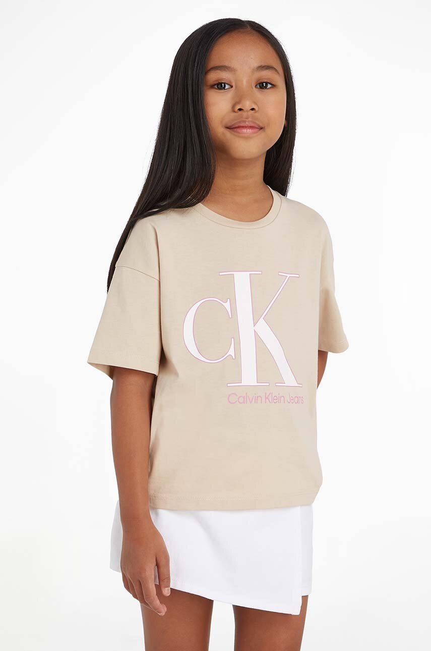 

Детска памучна тениска Calvin Klein Jeans в бежово, Бежов