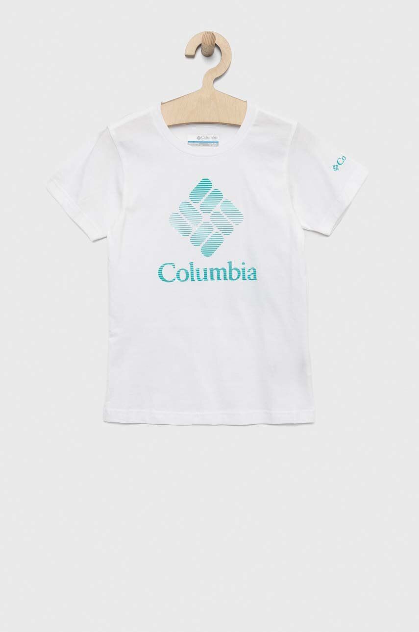 Columbia tricou de bumbac pentru copii Mission Lake Short Sleeve Graphic Shirt culoarea alb