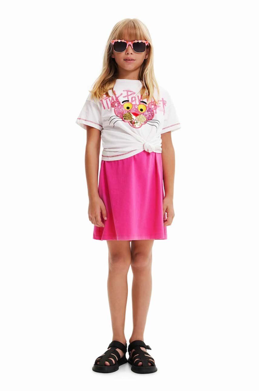 Levně Dětské bavlněné tričko Desigual Pink Panther bílá barva
