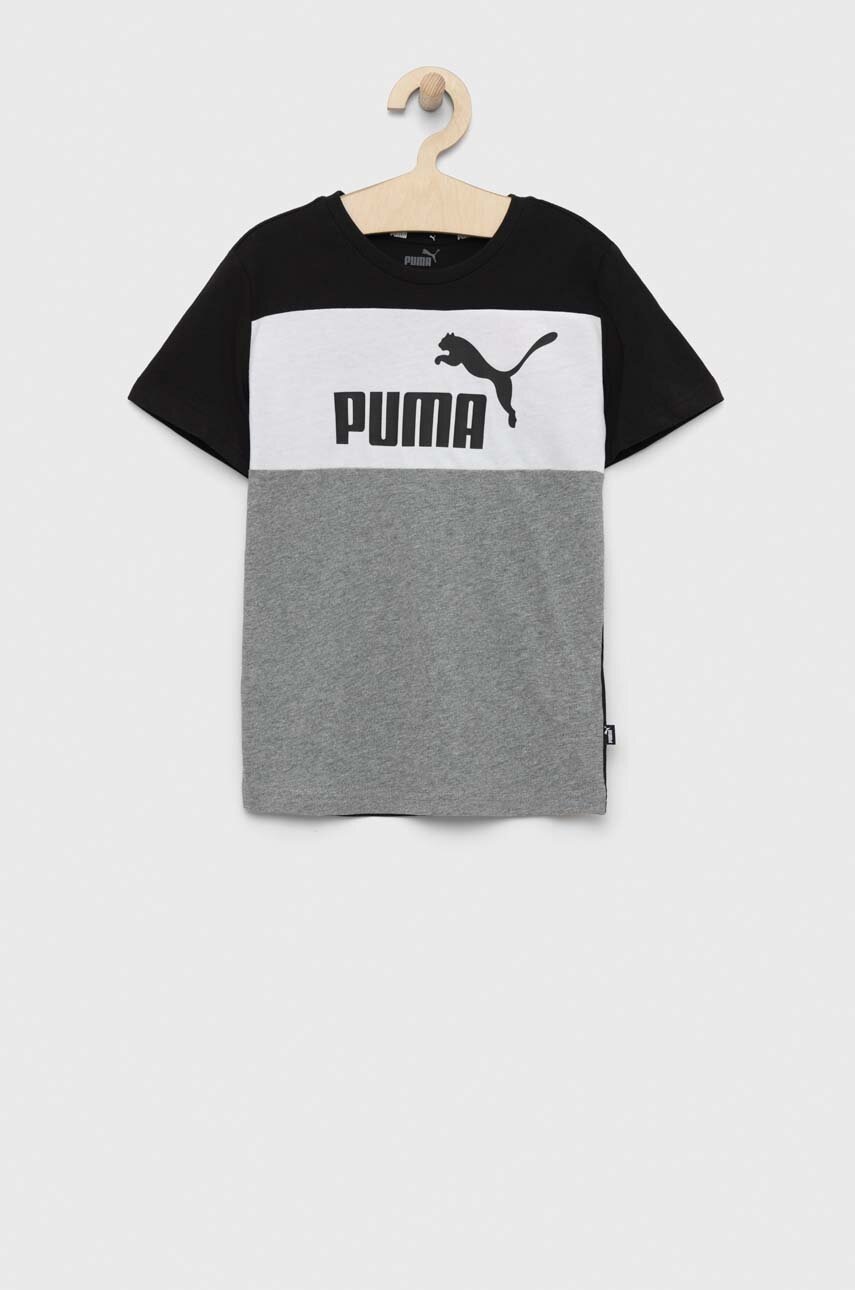 

Дитяча бавовняна футболка Puma ESS Block Tee B колір сірий візерунок