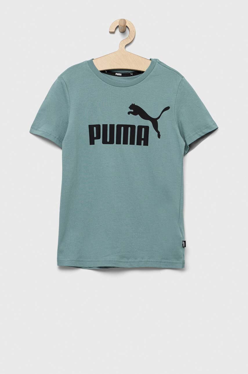 

Дитяча бавовняна футболка Puma ESS Logo Tee B колір зелений з принтом