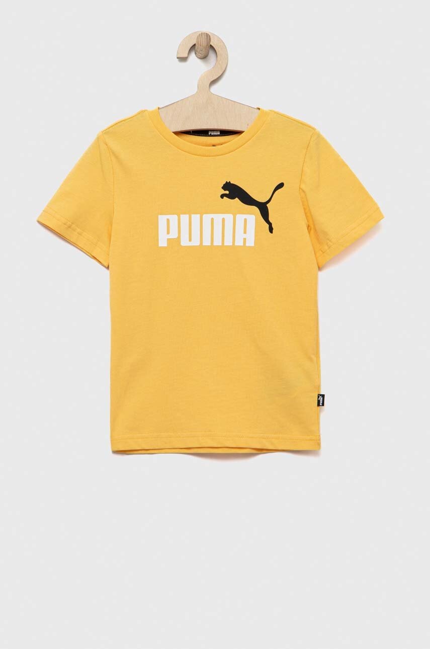 

Детска памучна тениска Puma ESS+ 2 Col Logo Tee B в жълто с принт, Жълт