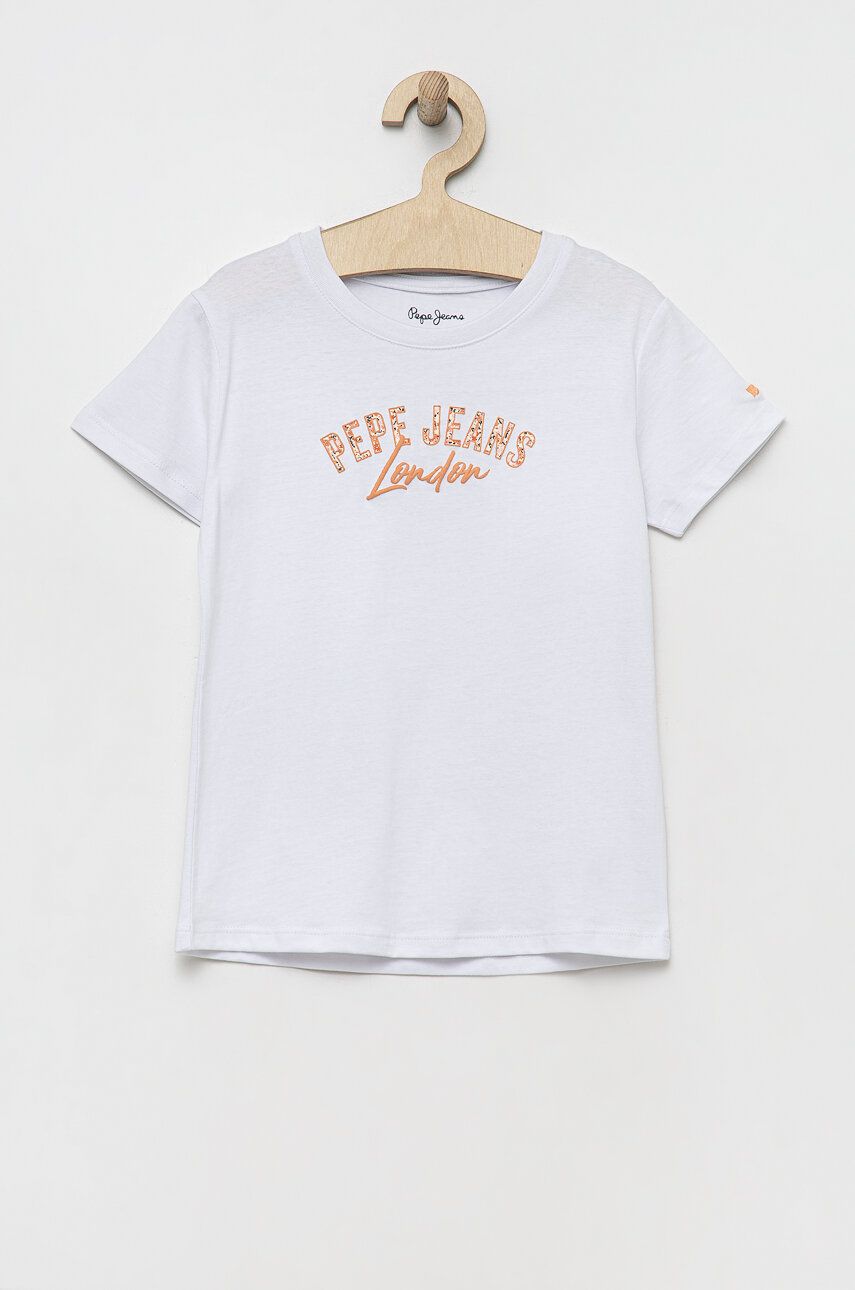 Levně Dětské bavlněné tričko Pepe Jeans bílá barva, s potiskem