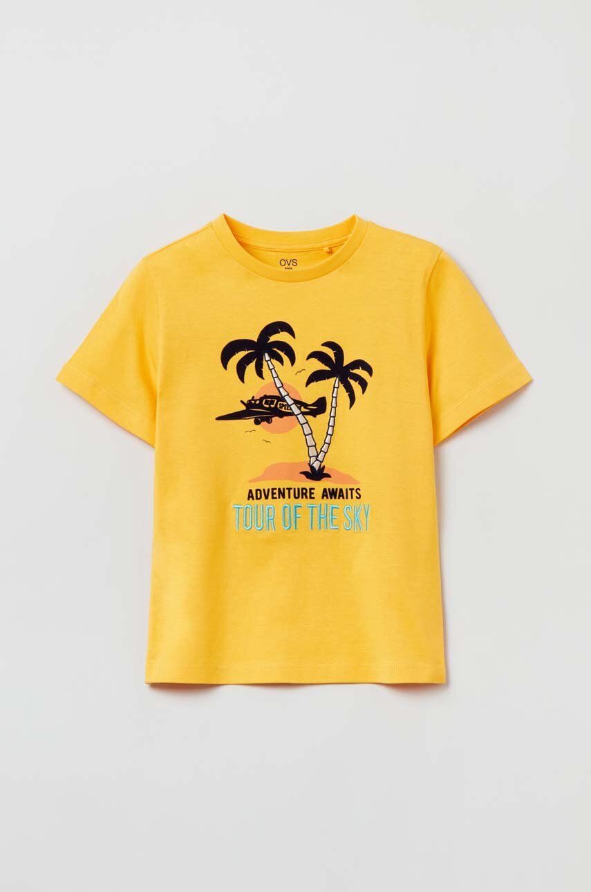 OVS tricou de bumbac pentru copii culoarea galben, cu imprimeu