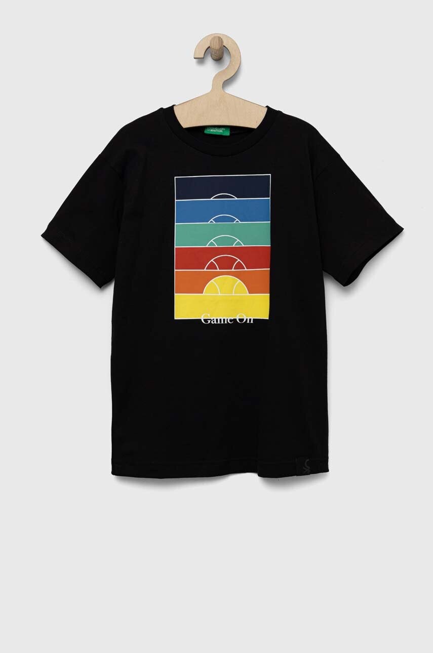 

Детска памучна тениска United Colors of Benetton в черно с принт, Черен