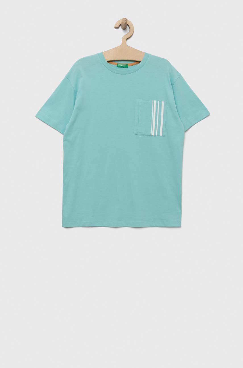 Dětské bavlněné tričko United Colors of Benetton tyrkysová barva, s potiskem - tyrkysová -  100
