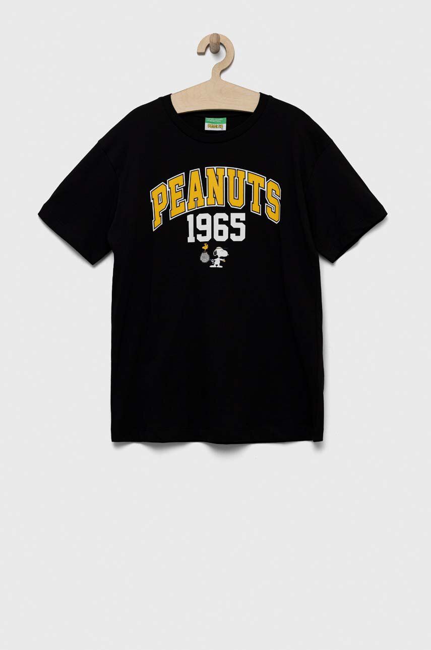 United Colors of Benetton tricou de bumbac pentru copii x Peanuts culoarea negru, cu imprimeu