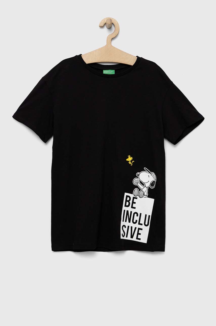 

Детская хлопковая футболка United Colors of Benetton x Peanuts цвет чёрный с принтом