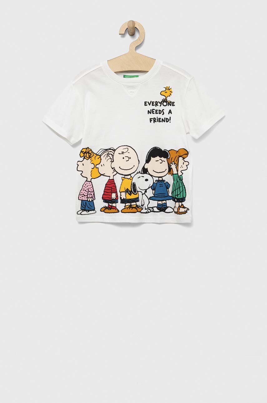 United colors of benetton tricou de bumbac pentru copii x peanuts culoarea alb, cu imprimeu