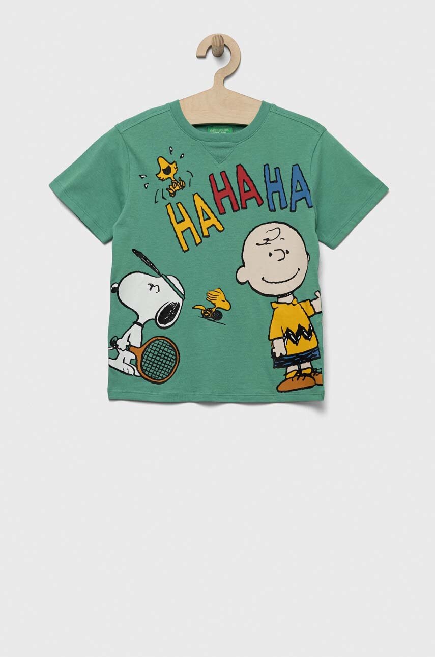 

Детска памучна тениска United Colors of Benetton x Peanuts в зелено с принт, Зелен