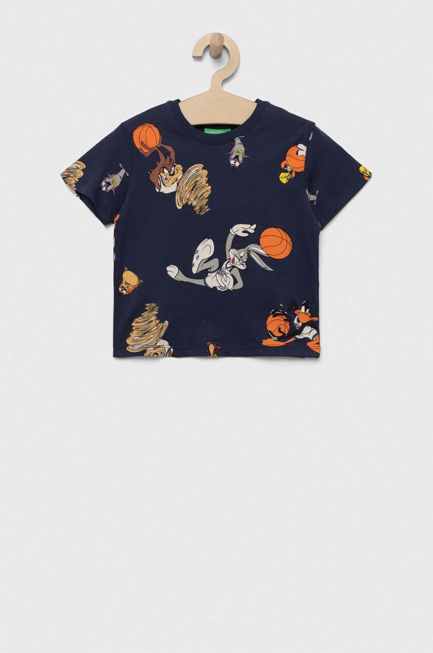 

Детская хлопковая футболка United Colors of Benetton x Space Jam цвет синий узорная