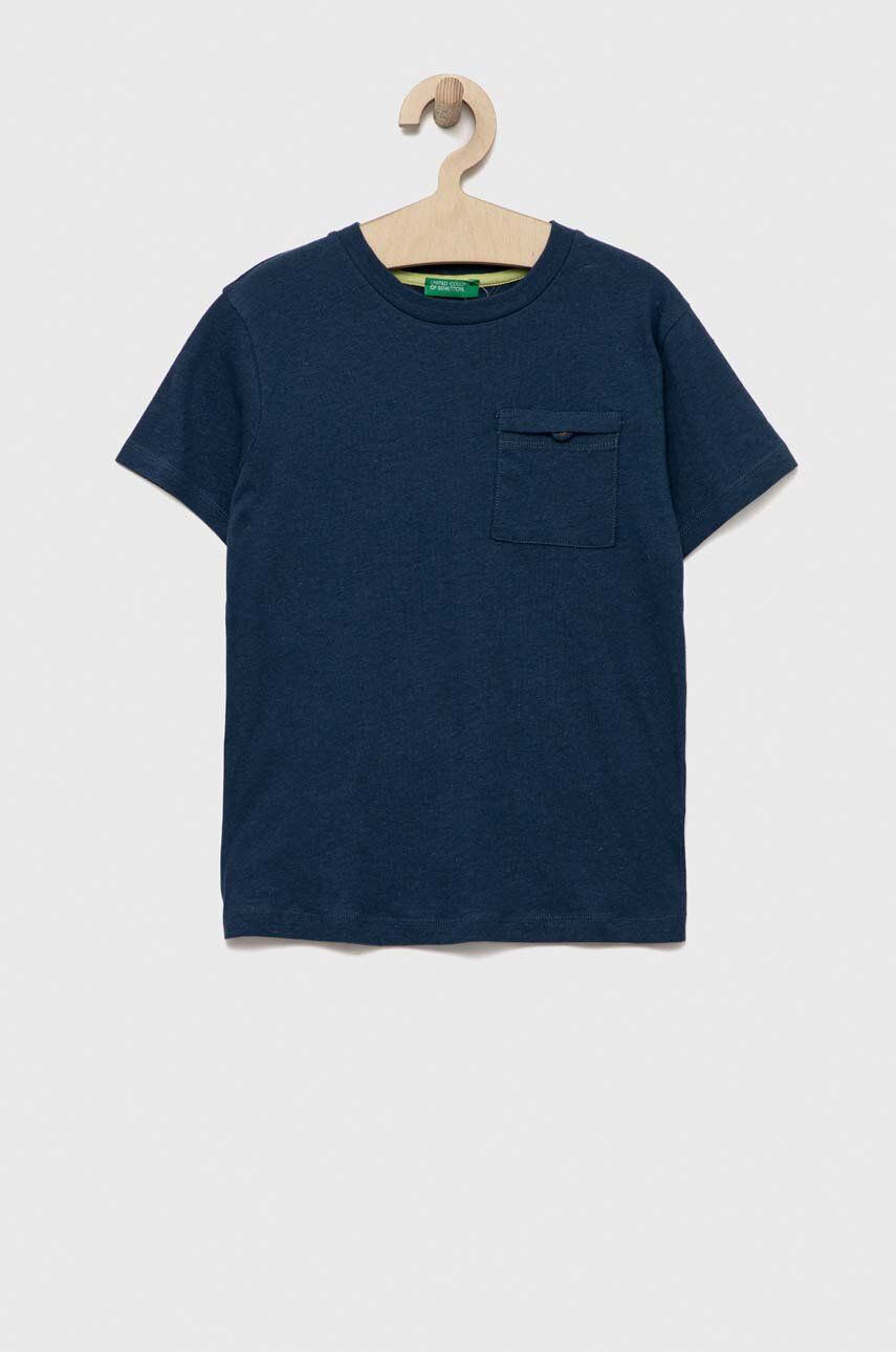 United Colors of Benetton tricou din amestec de in culoarea albastru marin, neted