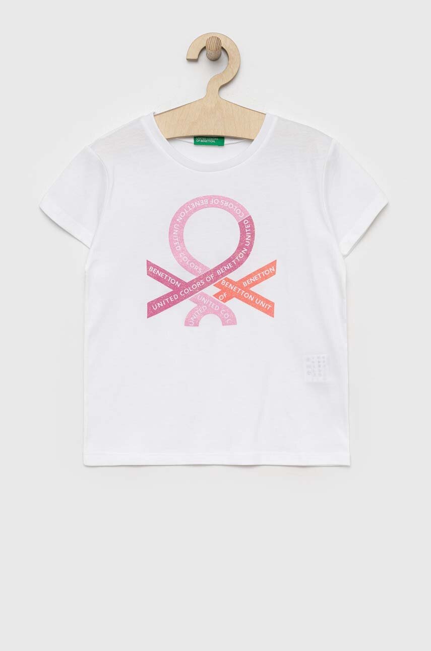 

Детска памучна тениска United Colors of Benetton в бяло с принт, Бял