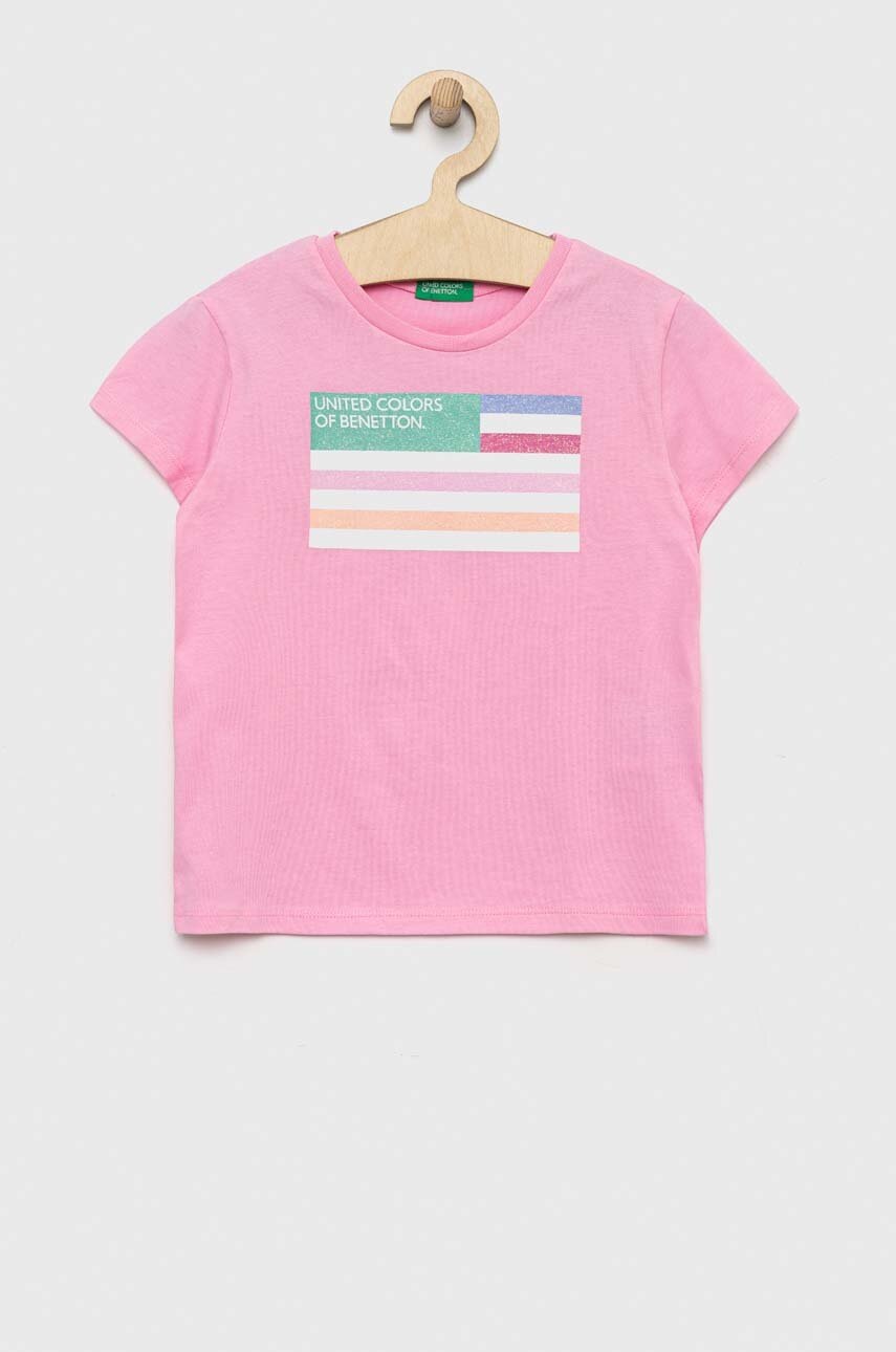 

Дитяча бавовняна футболка United Colors of Benetton колір рожевий з принтом