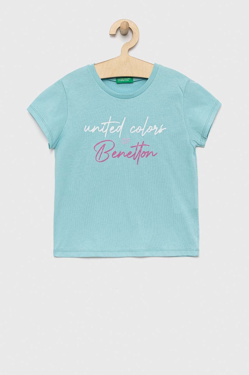 

Детска памучна тениска United Colors of Benetton в синьо с принт, Син
