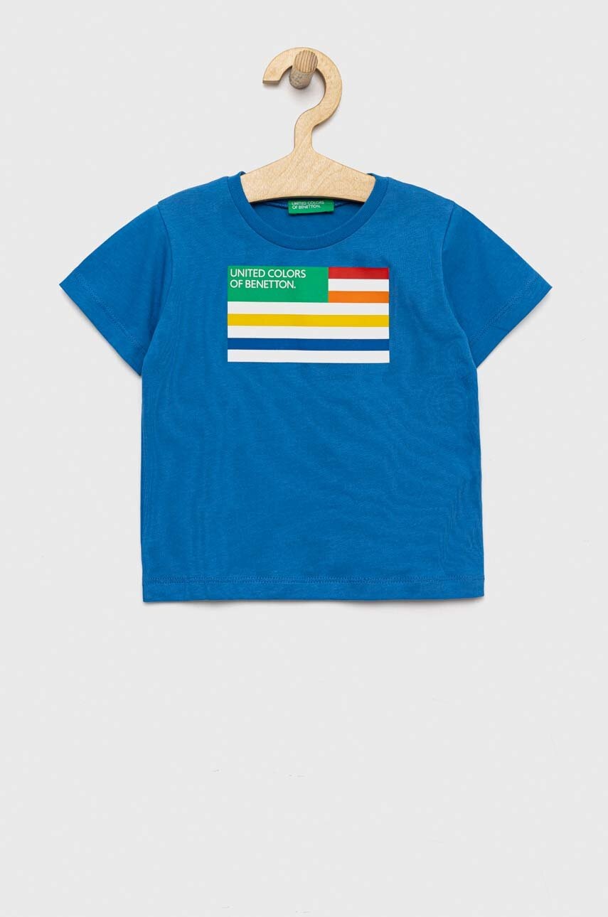 

Детска памучна тениска United Colors of Benetton в синьо с принт, Син