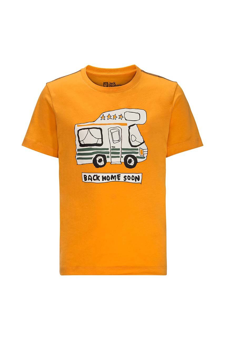 Levně Dětské bavlněné tričko Jack Wolfskin WOLF & VAN T B oranžová barva, s potiskem