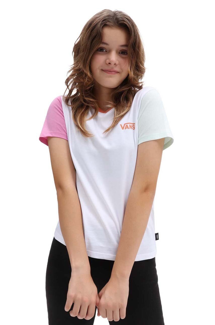 Vans tricou de bumbac pentru copii COLORBLOCK CREW WHITE MULTI culoarea alb, modelator