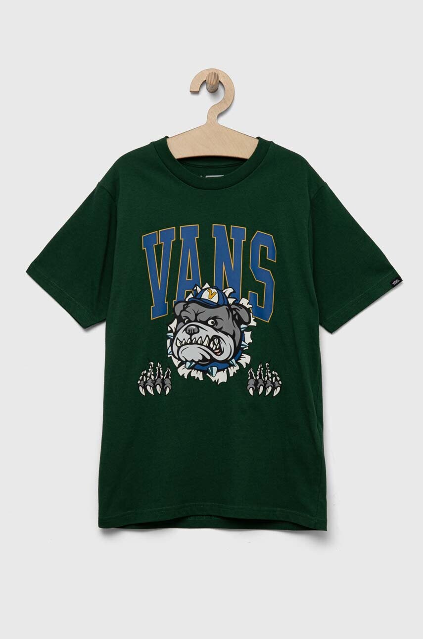 

Дитяча бавовняна футболка Vans VARSITY BULLDOG SS EDEN колір зелений з принтом