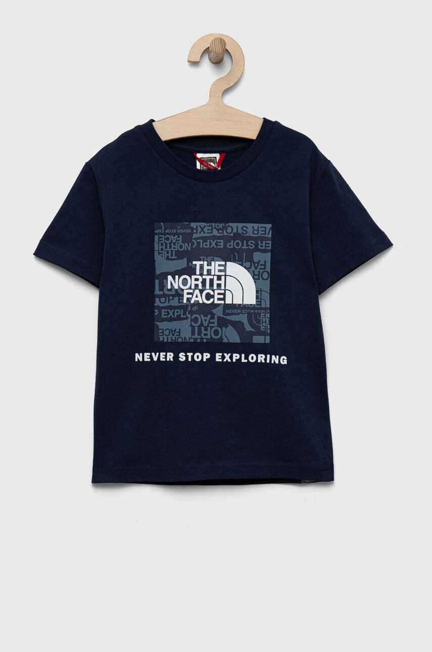

Детска памучна тениска The North Face в тъмносиньо с принт, Тъмносин