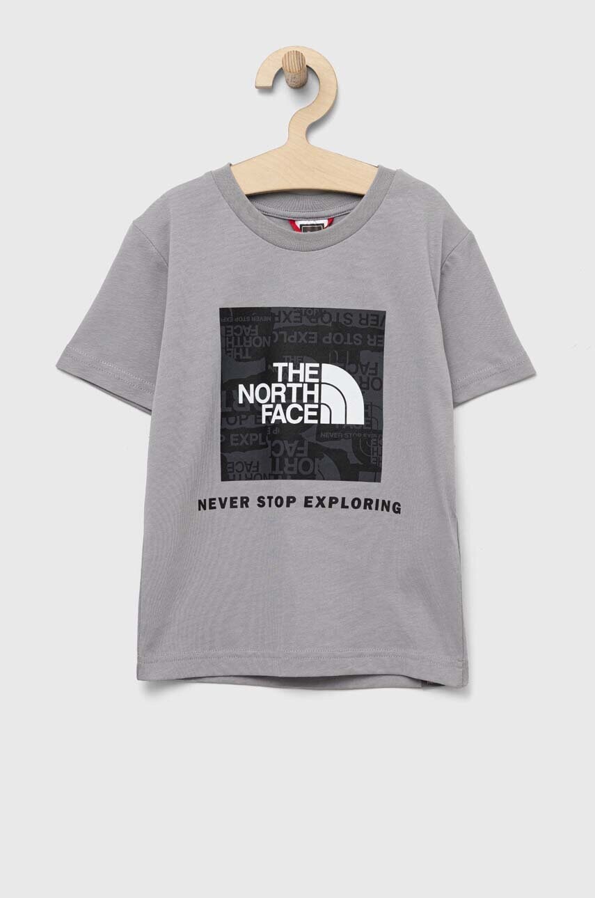 

Дитяча бавовняна футболка The North Face колір сірий з принтом