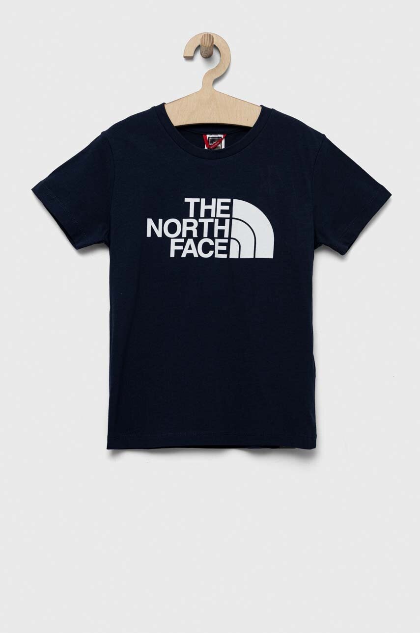 

Детская хлопковая футболка The North Face цвет синий с принтом