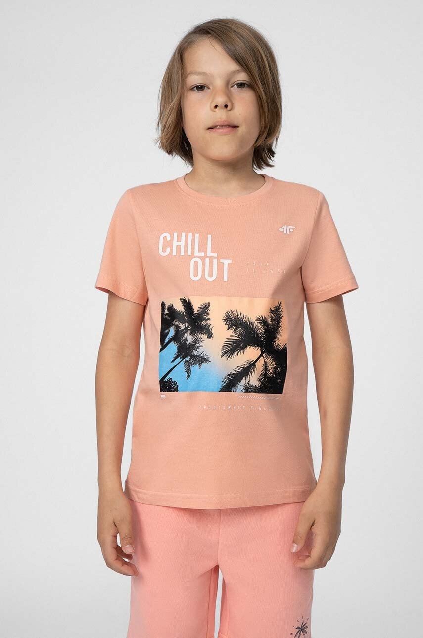 Детская хлопковая футболка 4F цвет оранжевый с принтом Детская хлопковая футболка 4F цвет оранжевый с принтом