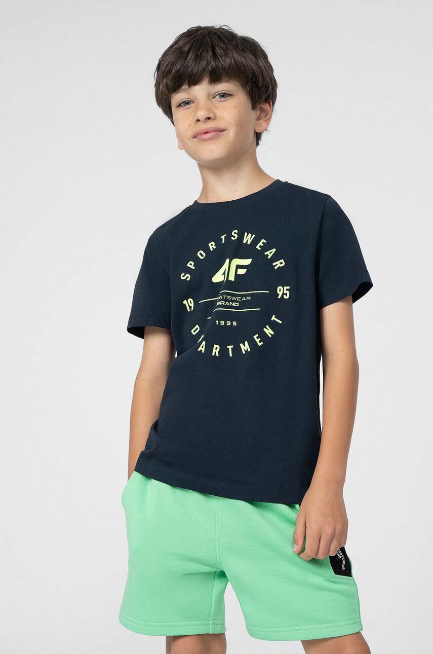 4F tricou de bumbac pentru copii culoarea albastru marin, cu imprimeu