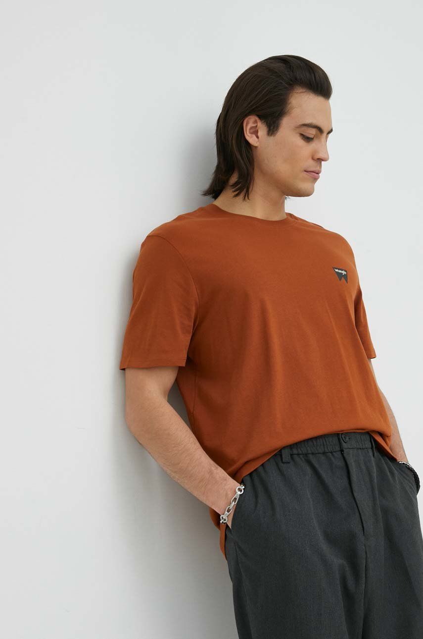 Wrangler t-shirt bawełniany kolor brązowy gładki