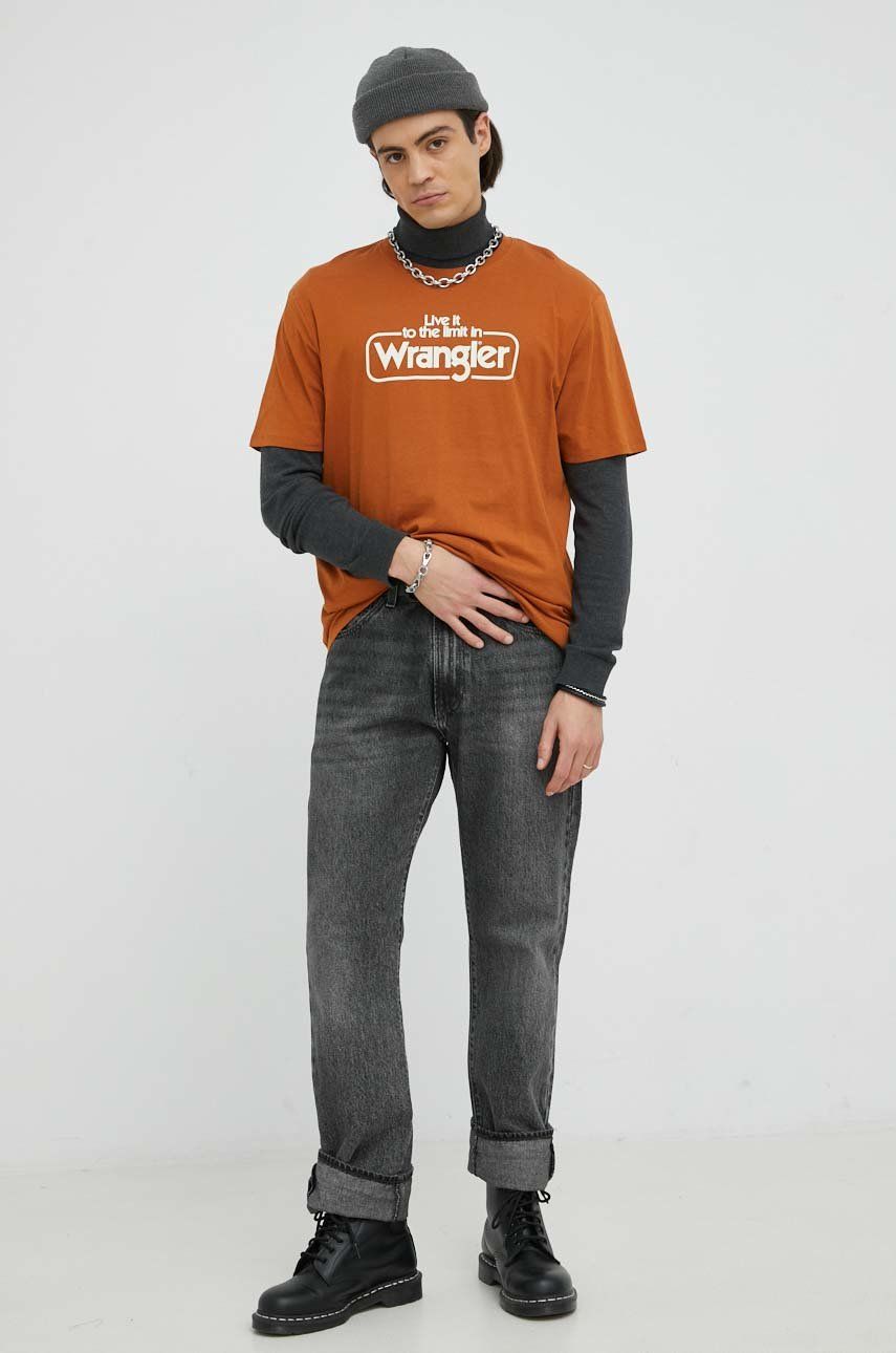 Wrangler t-shirt bawełniany kolor brązowy z nadrukiem