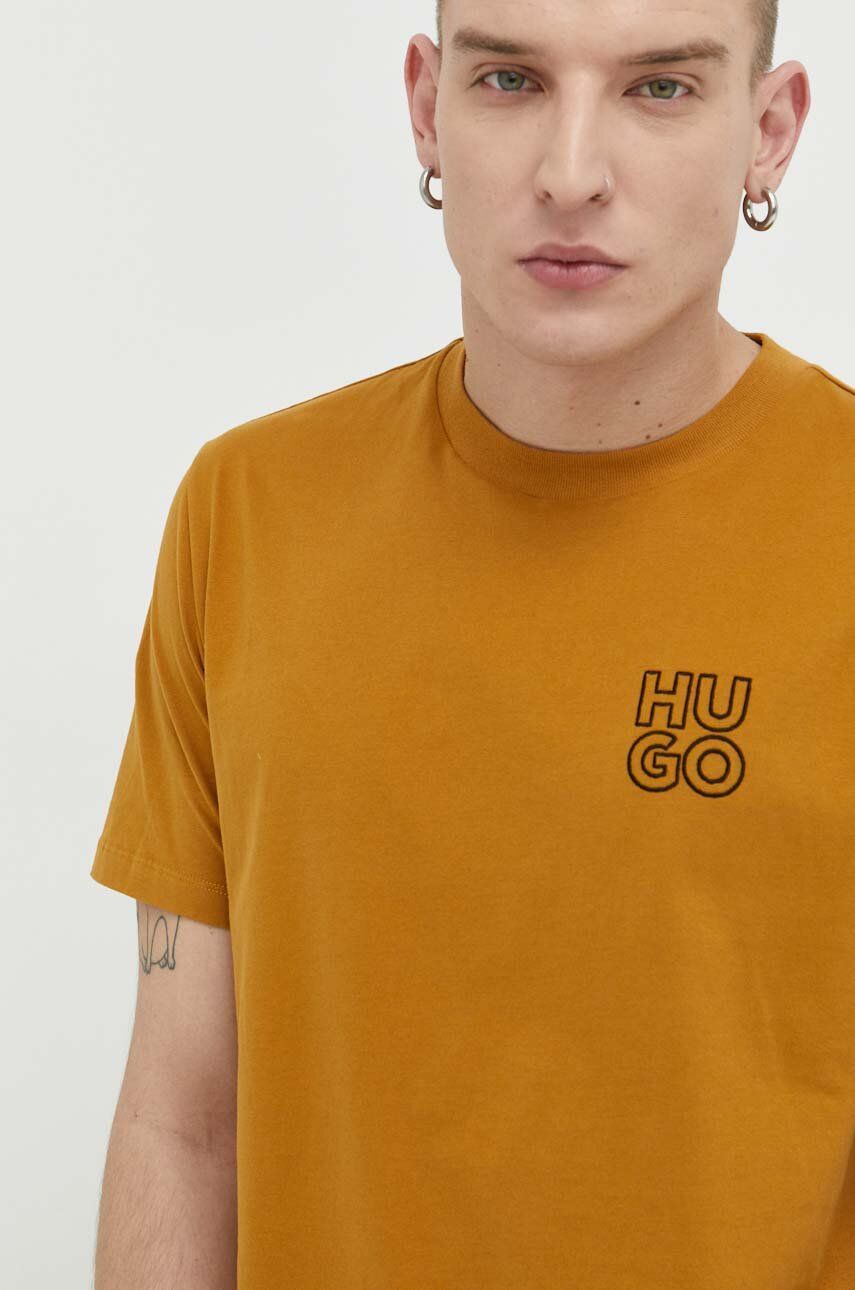 HUGO t-shirt bawełniany kolor brązowy z aplikacją