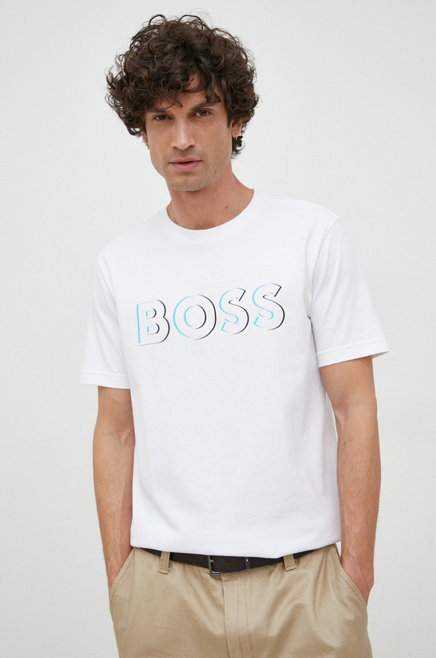 Boss tricou din bumbac boss green culoarea alb, cu imprimeu