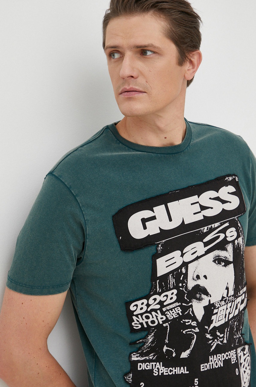 

Бавовняна футболка Guess колір бірюзовий з аплікацією