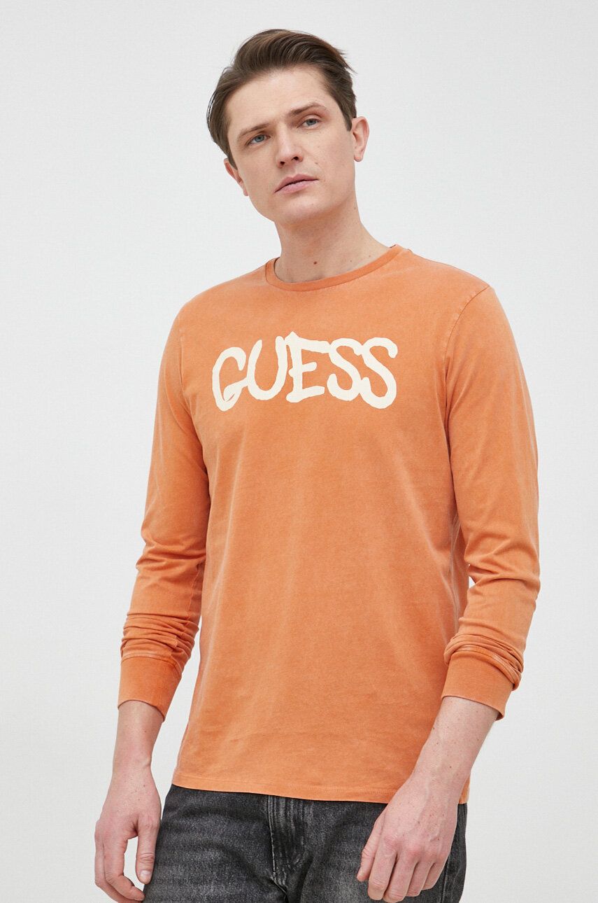 Levně Bavlněné tričko s dlouhým rukávem Guess x Brandalised oranžová barva