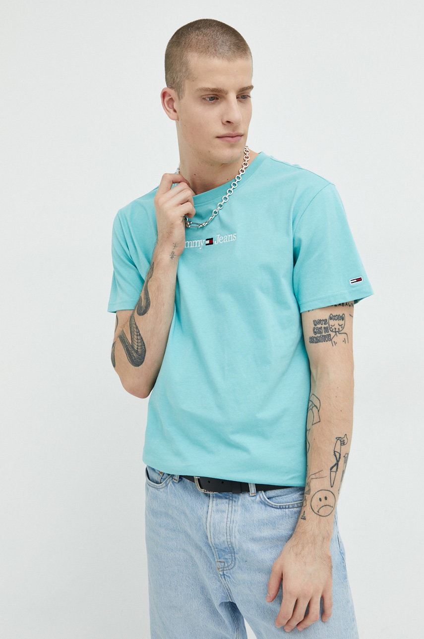 

Хлопковая футболка Tommy Jeans цвет бирюзовый с аппликацией