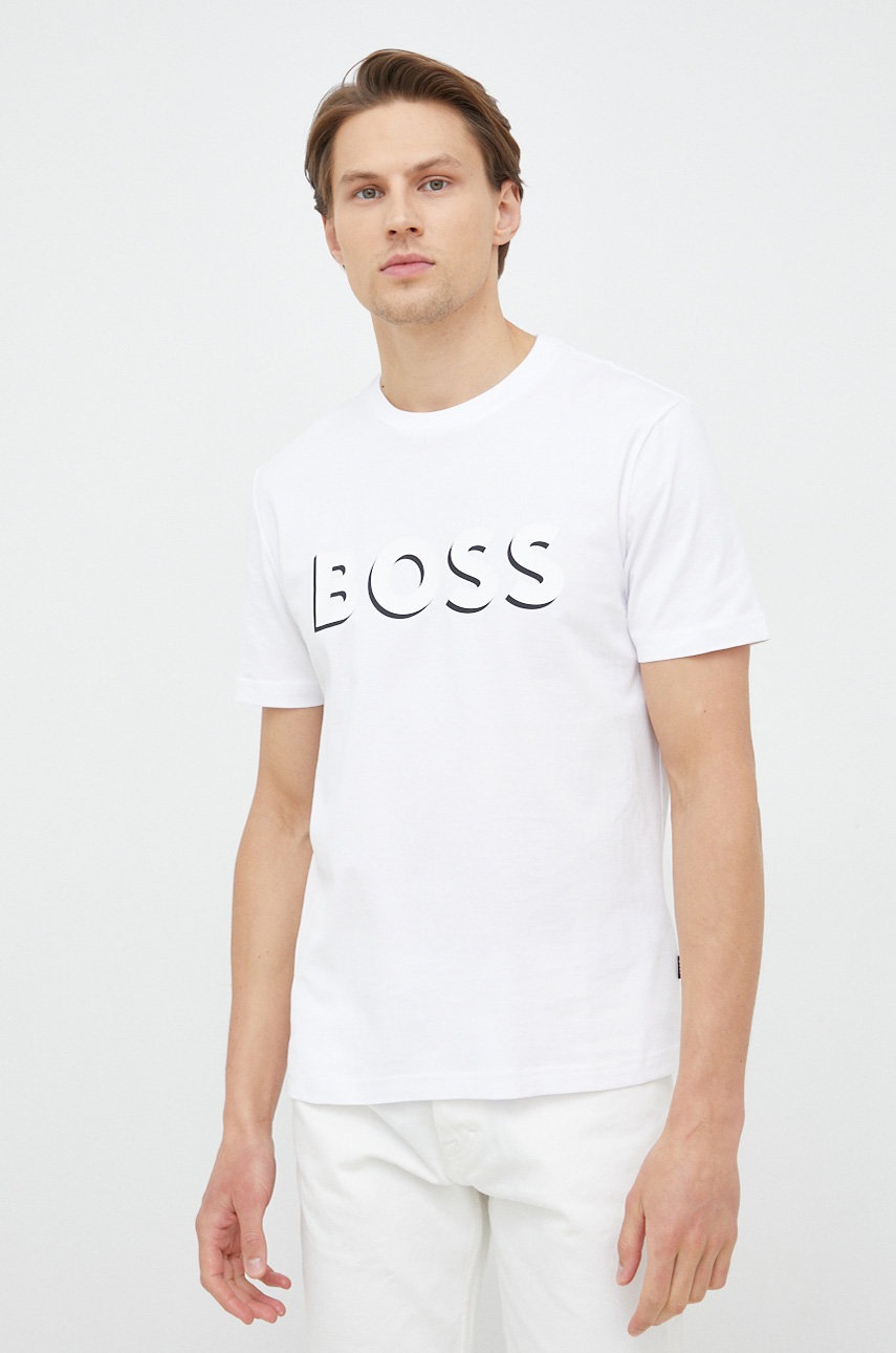 

Памучна тениска BOSS в бяло с принт, Бял