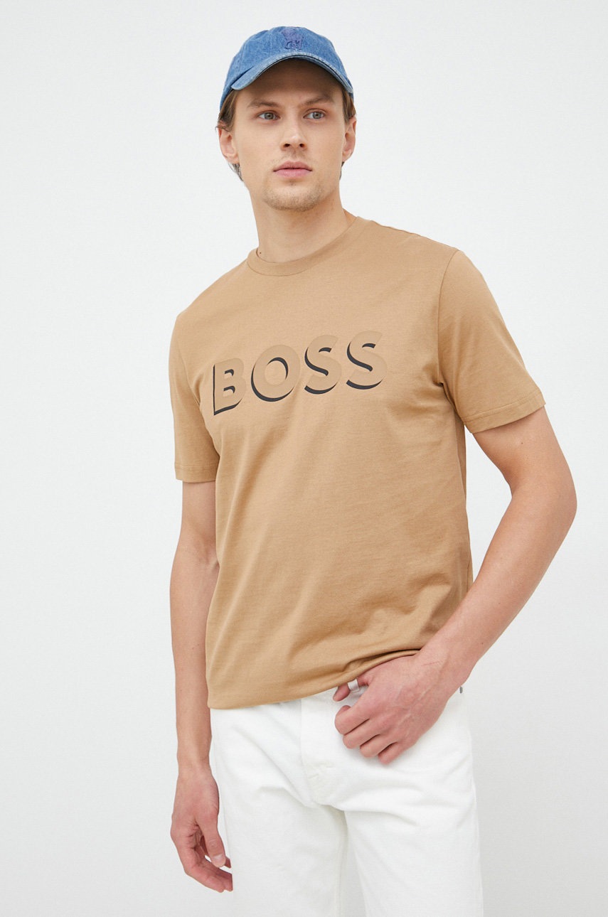 

Хлопковая футболка BOSS цвет бежевый с принтом