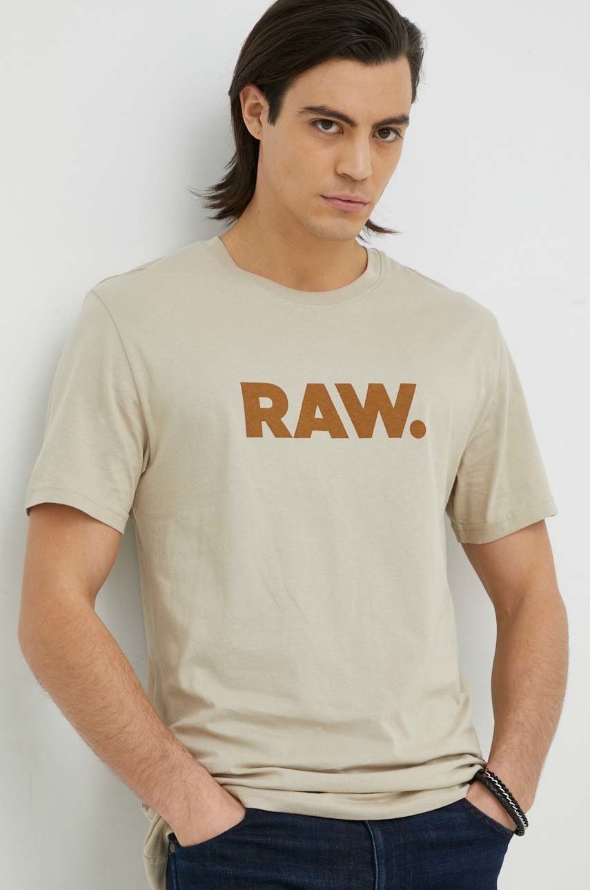 

Хлопковая футболка G-Star Raw цвет бежевый с принтом