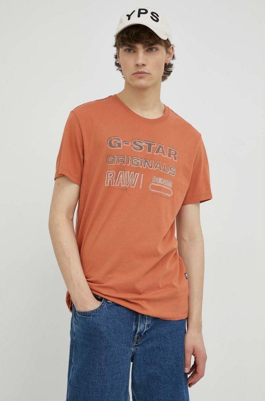 Bavlněné tričko G-Star Raw oranžová barva, s potiskem - oranžová -  100% Organická bavlna