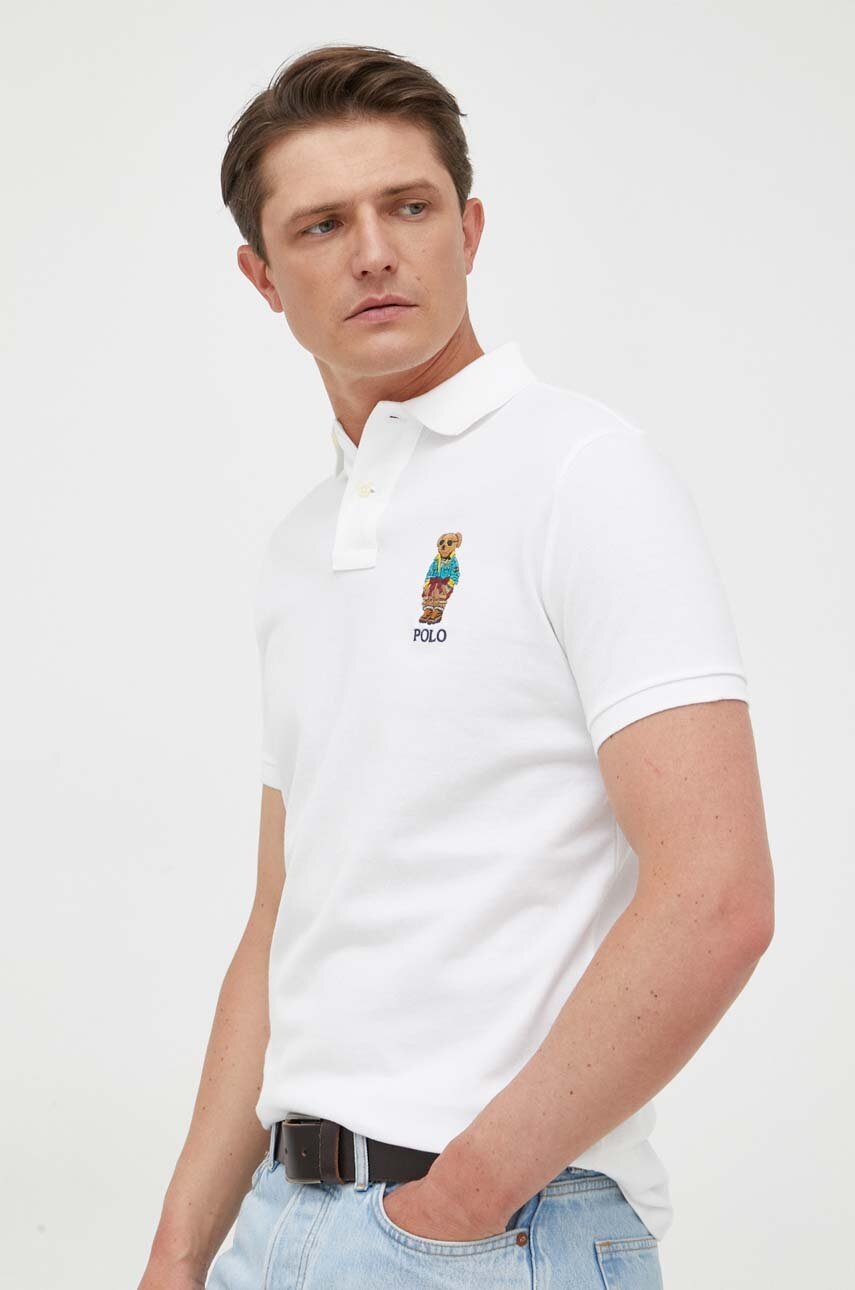 

Памучна тениска с яка Polo Ralph Lauren в зелено с апликация, Бял