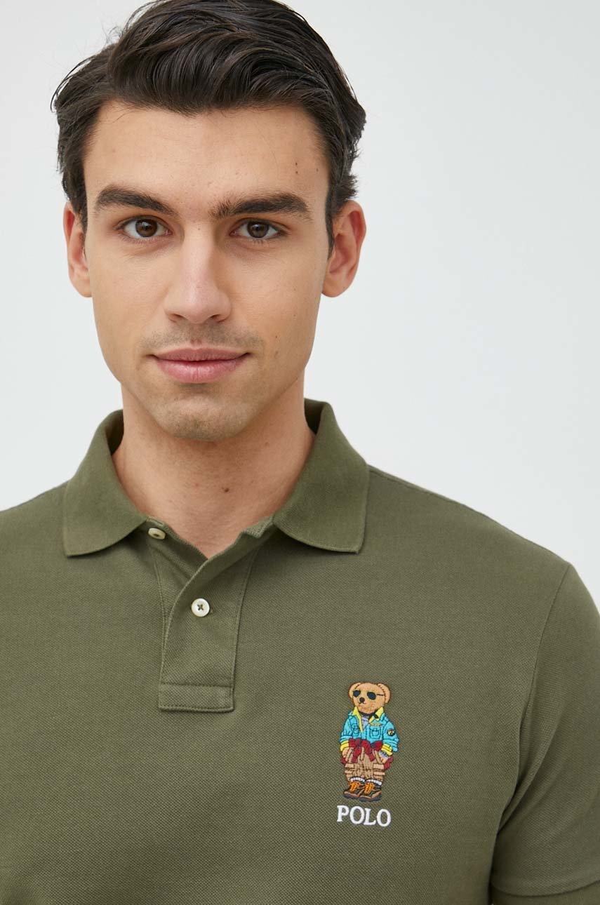 

Памучна тениска с яка Polo Ralph Lauren в зелено с апликация, Зелен