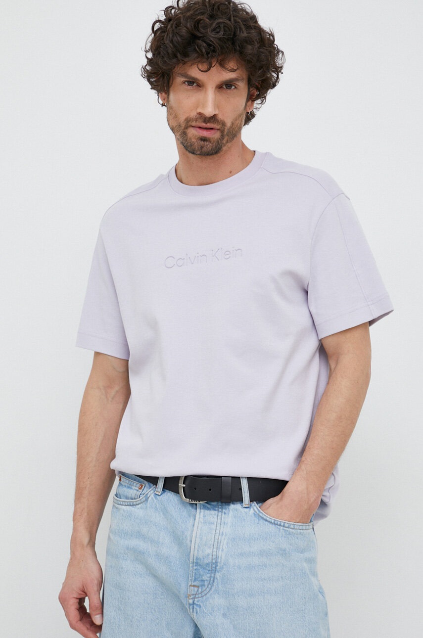 

Памучна тениска Calvin Klein в сиво с апликация, Сив