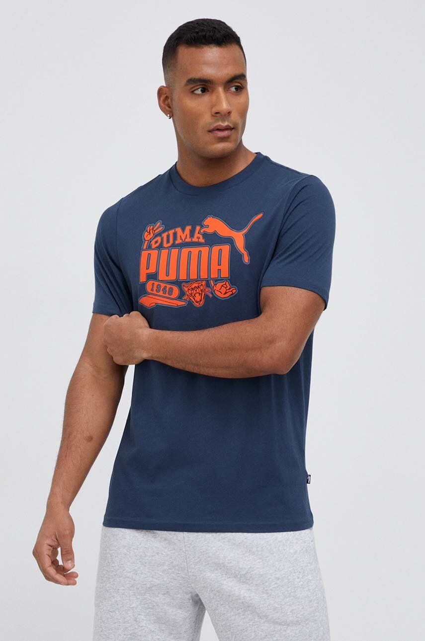 Puma tricou din bumbac culoarea albastru marin, cu imprimeu