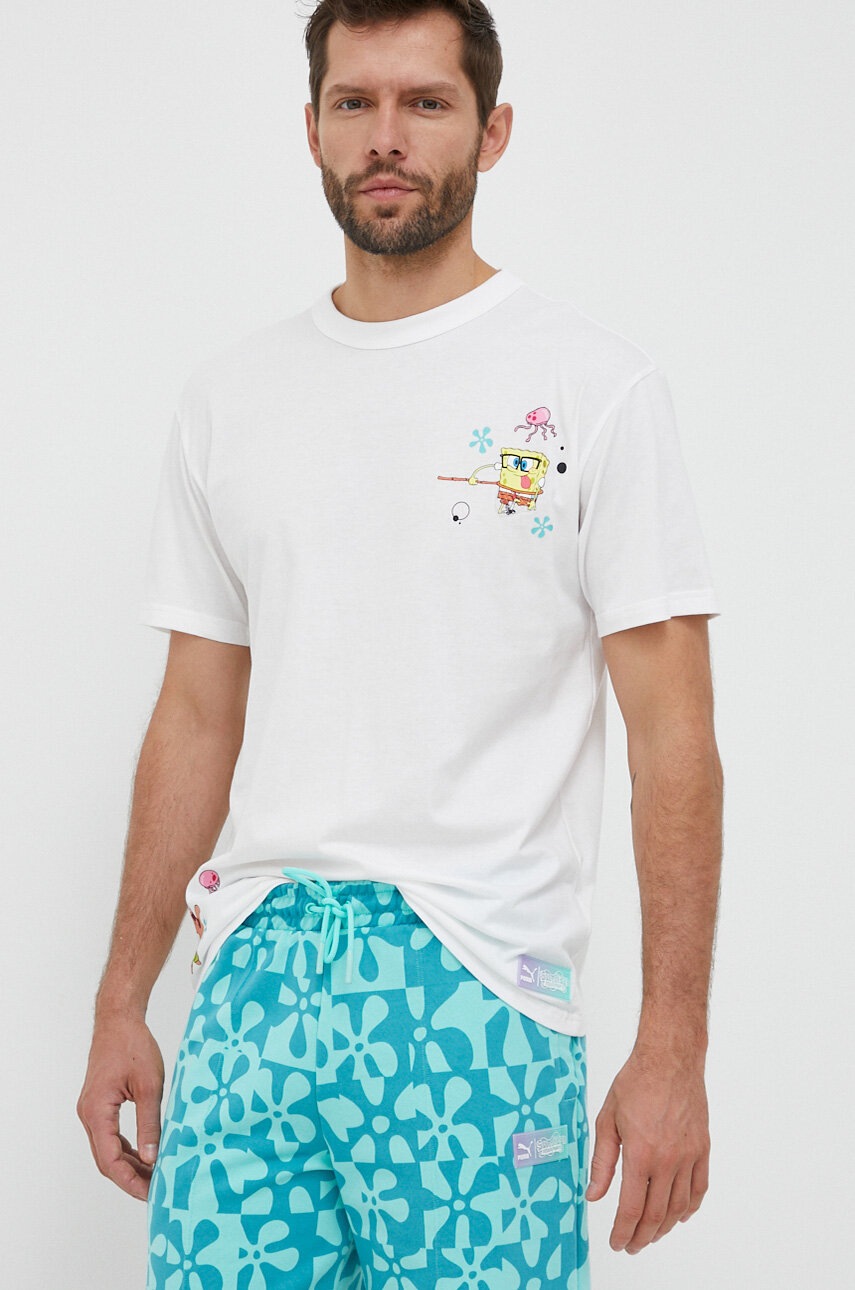 Puma tricou din bumbac X SPONGEBOB culoarea alb, cu imprimeu