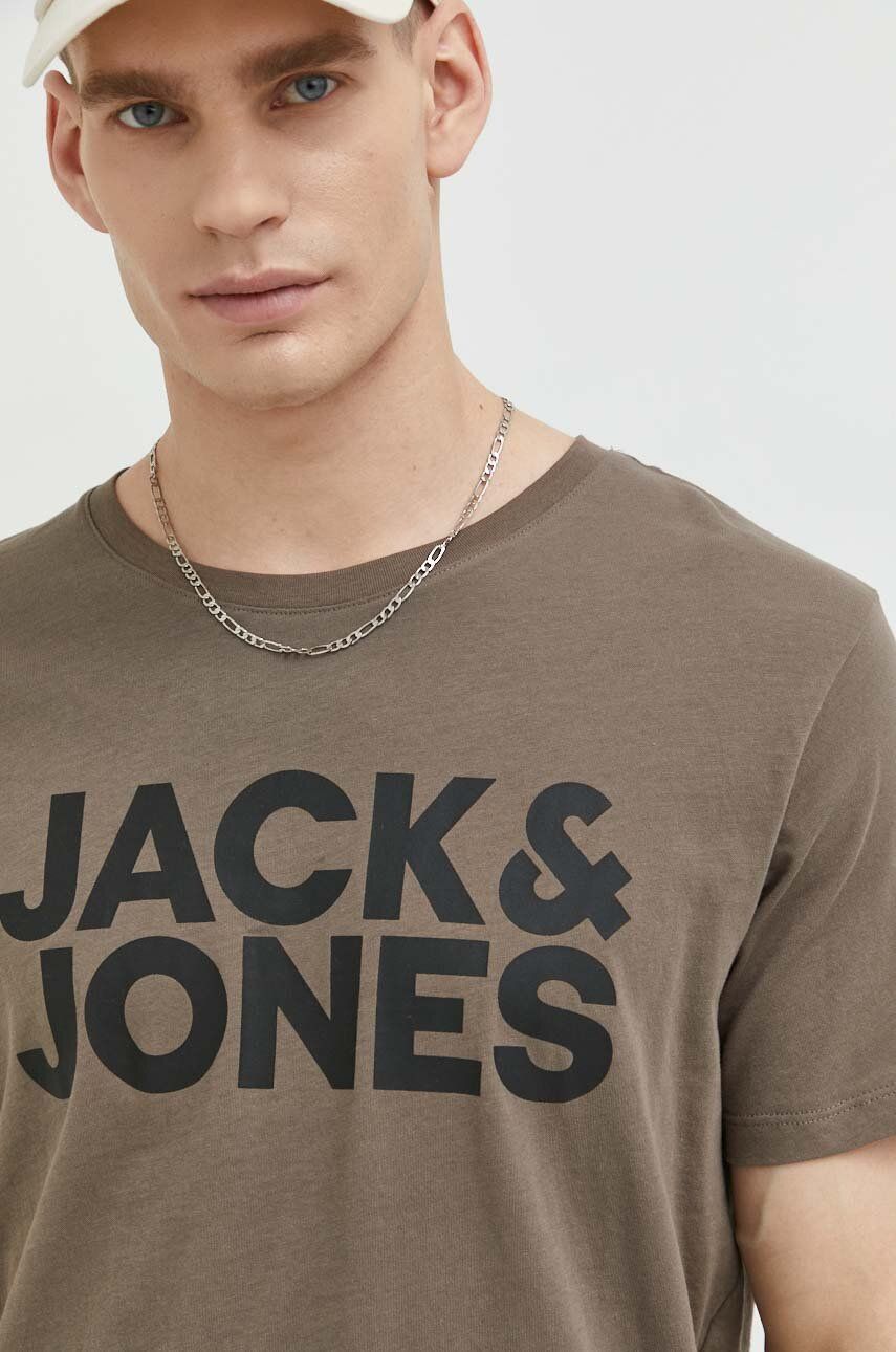 Jack & Jones tricou din bumbac JJECORP culoarea maro, cu imprimeu