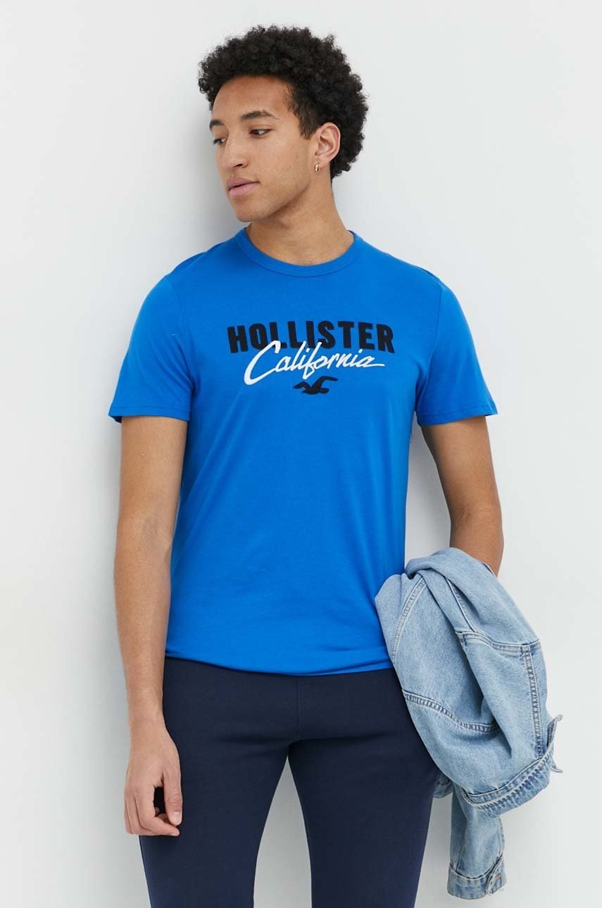 

Памучна тениска Hollister Co. в синьо с апликация, Син
