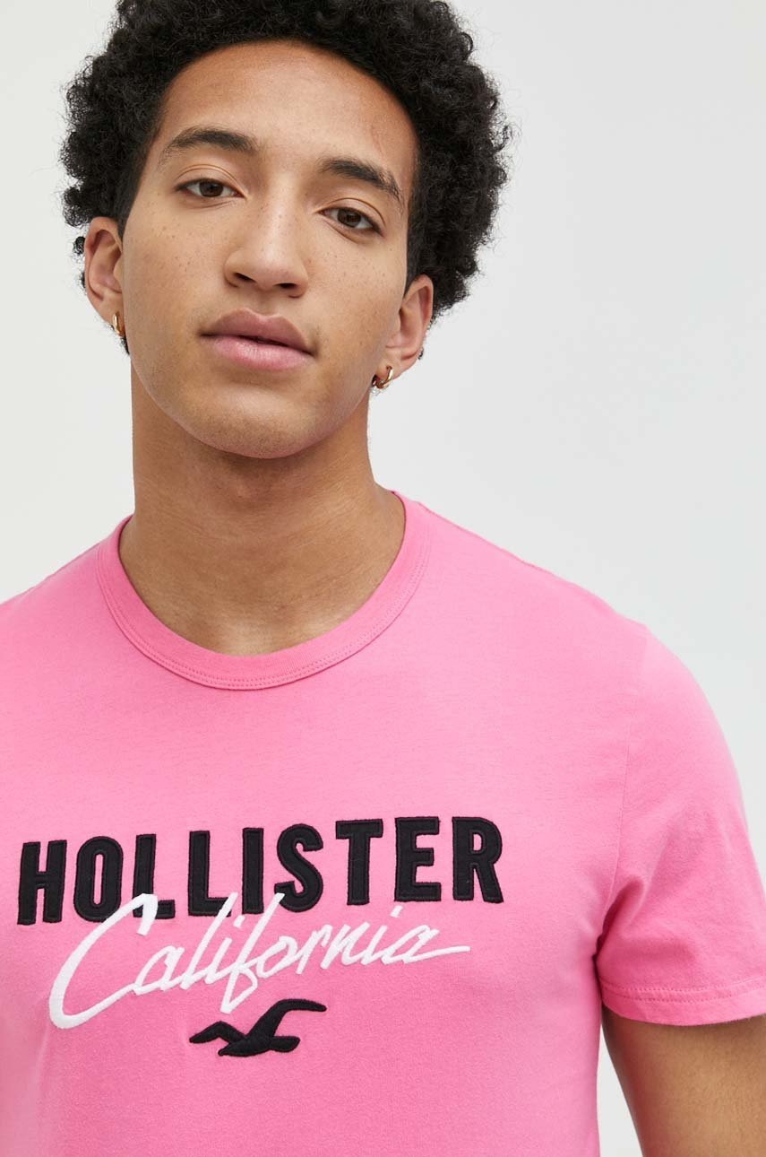 

Памучна тениска Hollister Co. в розово с апликация, Розов