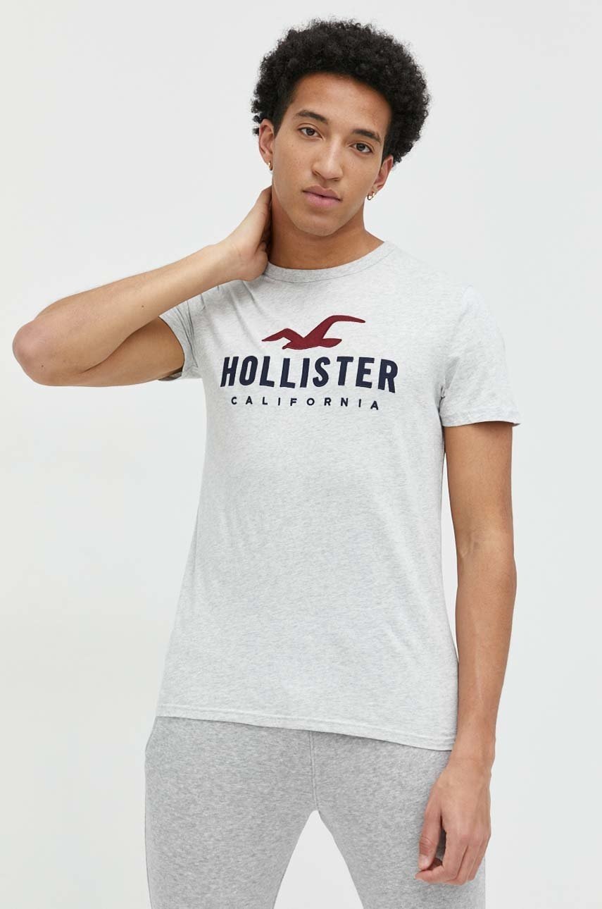 

Памучна тениска Hollister Co. в сиво с апликация, Сив