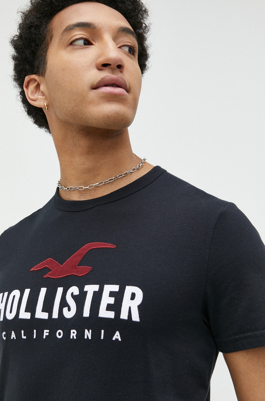 

Памучна тениска Hollister Co. в черно с десен, Черен