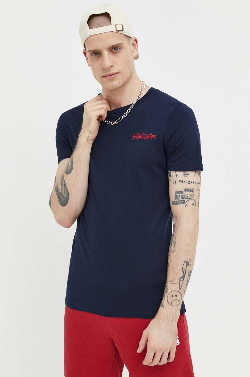

Памучна тениска Hollister Co. в тъмносиньо с апликация, Тъмносин